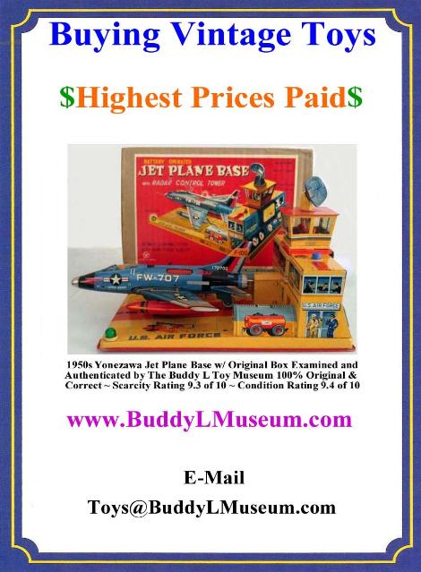 Vintage Space Toys Reference Guide, Vintage Space Toys Values, Buddy L Toys Value Guide, German Tin Toys Value Guide, Linemar tin toys, yonezawa tin toys, buying buddy l trucks, buddy l toys identification guide
