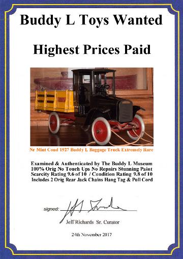 Buddy l toys identification guide, buddy l fire truck price guide, hubley toys identification, buddy l baggage truck values, buddy l dump truck values, free antique toy appraisals Buddy L Museum